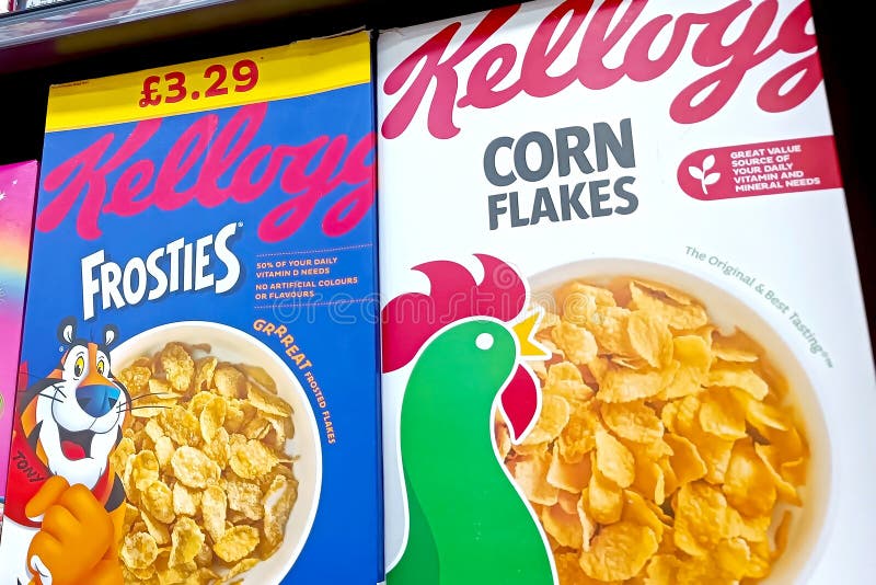 DUSHANBE, TAJIKISTAN - AUGUST 29, 2022: American Kellogg\'s corn flakes package boxes stock image DUSHANBE, TAJIKISTAN - AUGUST 29, 2022: American Kellogg\'s corn flakes package boxes stock image