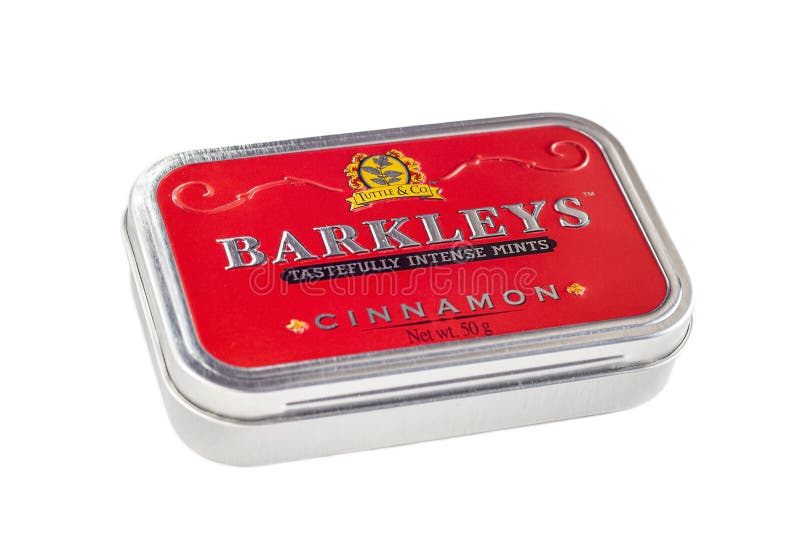 Barkleys tastefully intense mints with cinnamon flavour metal package box isolated on white background stock photo Barkleys tastefully intense mints with cinnamon flavour metal package box isolated on white background stock photo