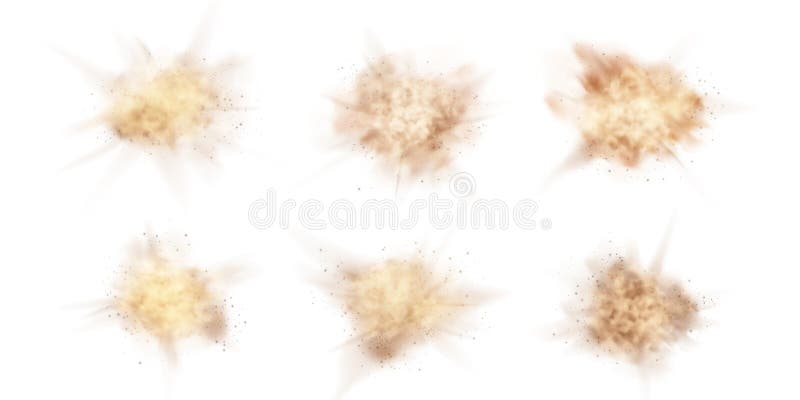 Dust brown powder with flying sand particles haze cloud overlay texture random sandy smoke splashes vector set splash effect royalty-vrije illustratie