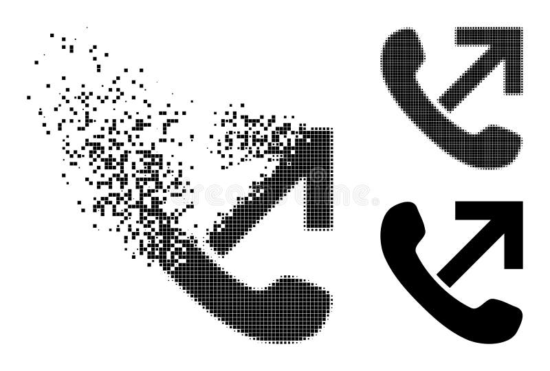 Shredded dotted outgoing call pictogram with destruction effect, and halftone vector pictogram. Pixel dissipating effect for outgoing call demonstrates speed and movement of cyberspace concepts. Outgoing call vectors