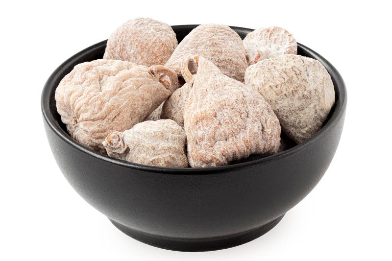 Dusted Dried Baby Figs in a Black Bowl Isolated on White Stock Image