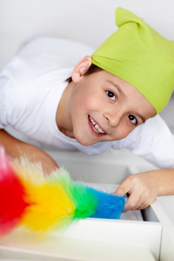 Dusting Boy Cleaning His Room Stock Image Image of smiling