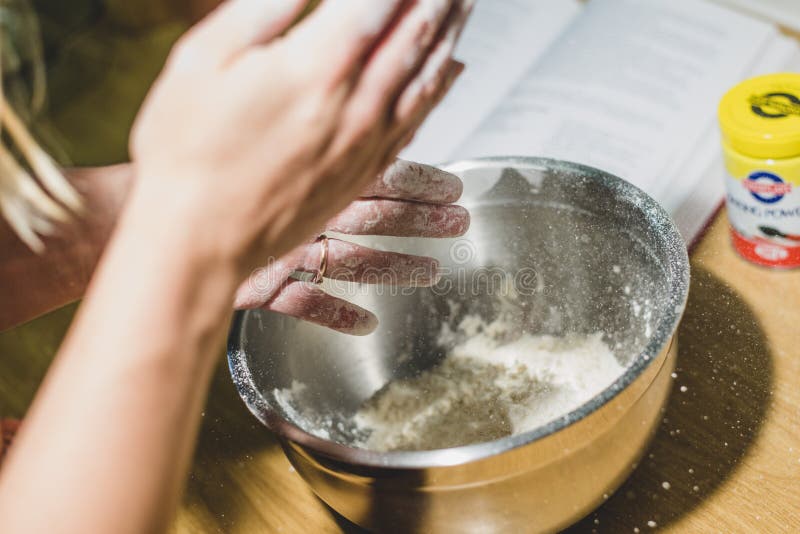 Dusting Off Hands while Making Dough Stock Photo Image of flour, food