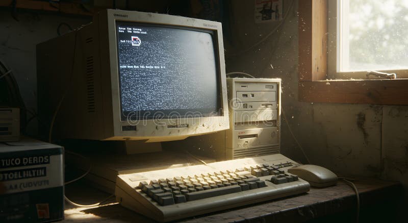 This image shows a vintage computer system, heavily dusted and seemingly abandoned, generated by AI. The monitor displays a corrupted screen with error messages, adding to the sense of disrepair and forgotten technology. Sunlight streams in from a nearby window, highlighting the particles floating. Old computer keyboard cpu monitor illustrations