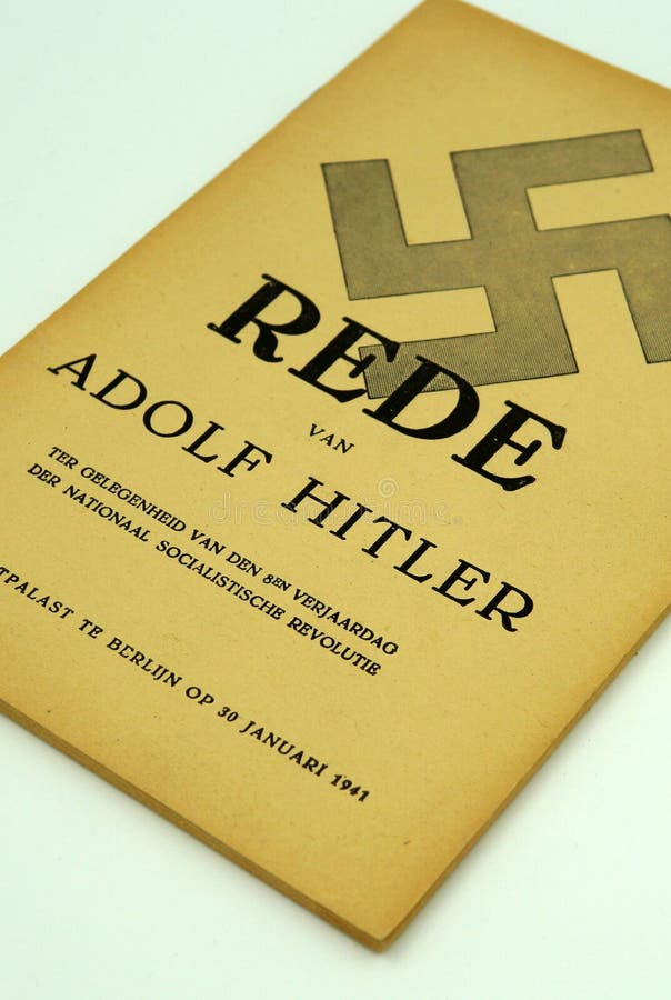 Amsterdam, The Netherlands- December 12, 2017: Front of Dutch booklet containing the speech given bij Adolf Hitler at the Berlin Sportpalast 30 January 1941. Amsterdam, The Netherlands- December 12, 2017: Front of Dutch booklet containing the speech given bij Adolf Hitler at the Berlin Sportpalast 30 January 1941.
