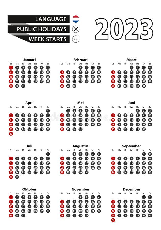 Dutch Calendar 2023 with Numbers in Circles, Week Starts on Sunday