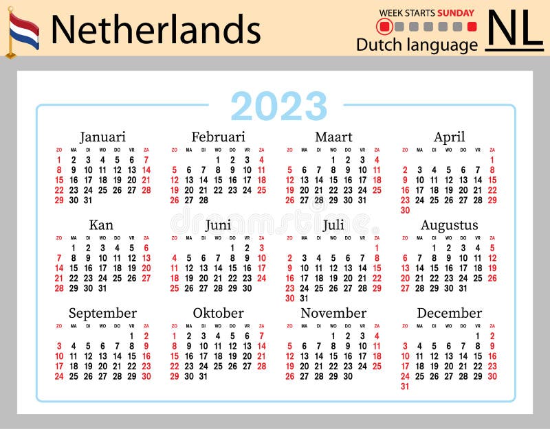 Dutch Horizontal Pocket Calendar for 2023. Week Starts Sunday Stock