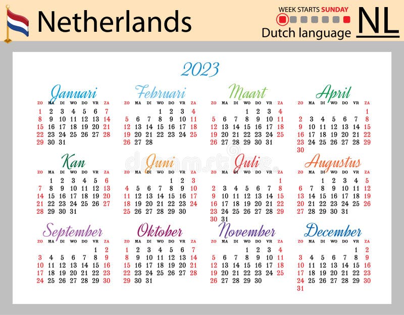 Dutch Horizontal Pocket Calendar for 2023. Week Starts Sunday Stock