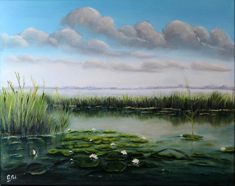Dutch landscape. Swamp with water lilies. Oil on canvas