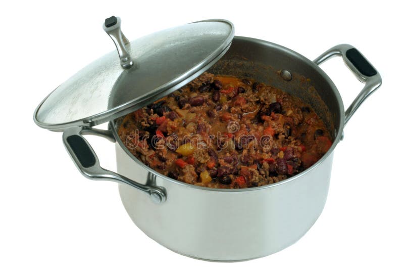 Dutch Oven with Chili Con Carne with Its Lid on White Background Stock
