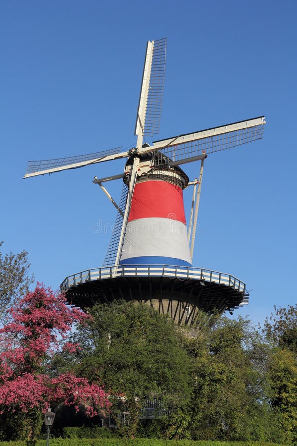 Dutch tower mill in Leiden, dressed in red, white and blue