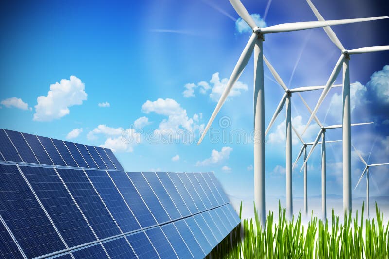 Renewable energy concept with solar panels and wind turbines on green field. Renewable energy concept with solar panels and wind turbines on green field