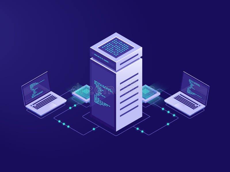 Duzi dane - przetwarzać pojęcie, serweru pokój, blockchain technologii żetonu dostęp, dane centrum i bazę danych, sieć royalty ilustracja