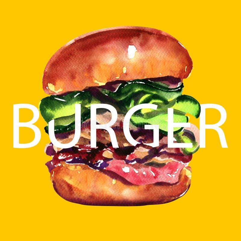 Duży smakowity hamburger z tekstem, świeży hamburger, fasta food pojęcie, plakat, karta, sztandaru projekt, akwareli ilustracja ilustracja wektor