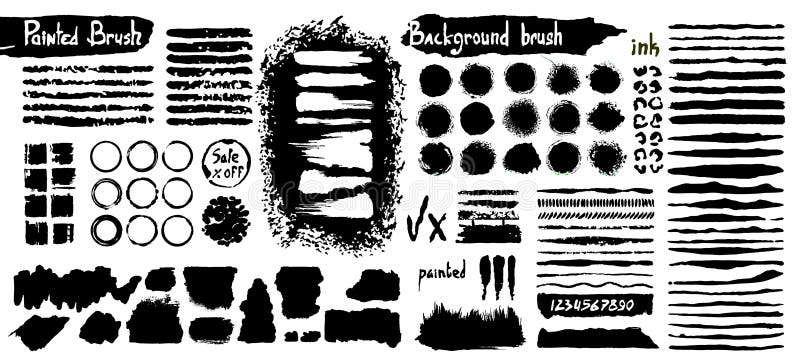Duża kolekcja czarna farba, atramentu muśnięcia uderzenia, muśnięcia, linie, grungy Brudni artystyczni projektów elementy, pudełk