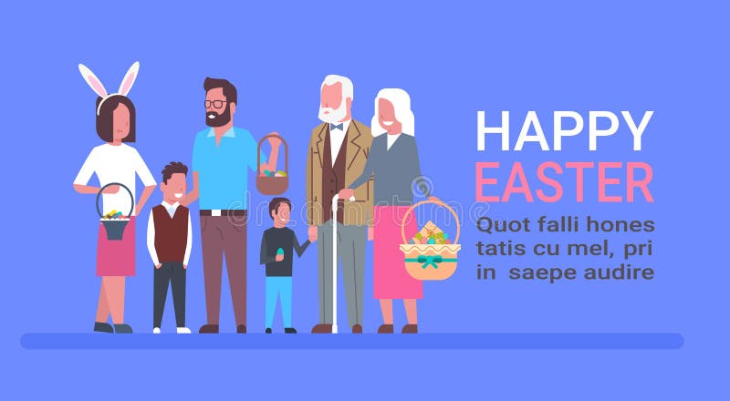 Duża rodzina Świętuje Szczęśliwego Wielkanocnego szablonu plakat Z ludźmi Trzyma Koszykowymi Z jajkami I Jest ubranym królików uc ilustracja wektor Duża rodzina Świętuje Szczęśliwego Wielkanocnego szablonu plakat Z ludźmi Trzyma Koszykowymi Z jajkami I Jest ubranym królików uc ilustracja wektor