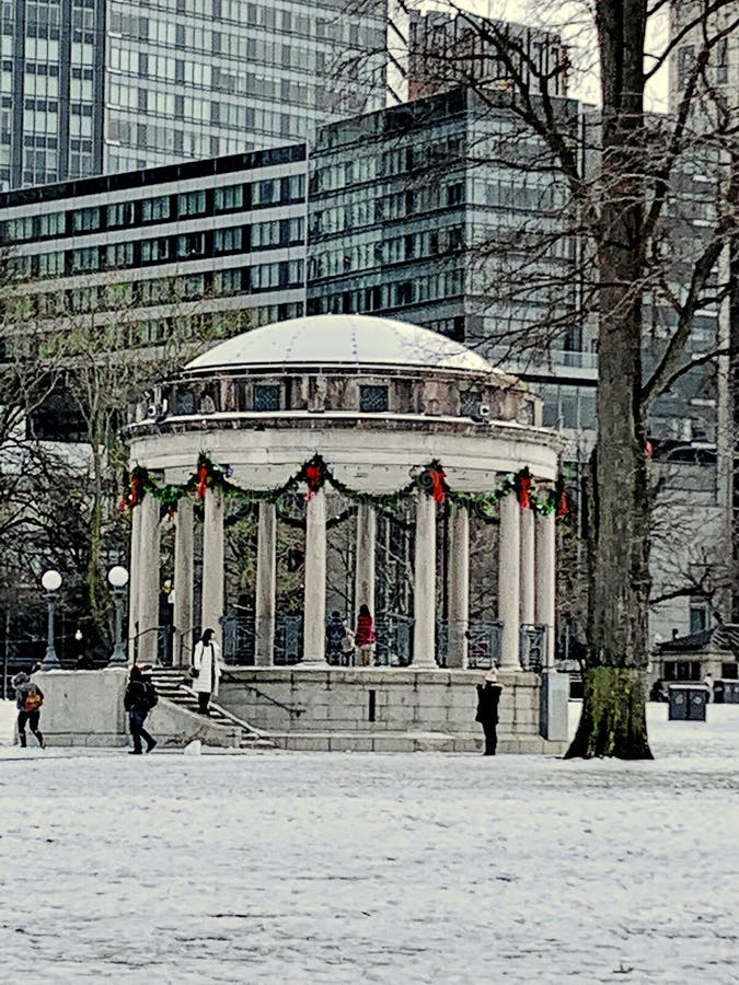 Duży Kopuły Gazebo w centrum Bostonu, Massachusetts w czasie Zimy ze Śniegiem zdjęcie royalty free Duży Kopuły Gazebo w centrum Bostonu, Massachusetts w czasie Zimy ze Śniegiem zdjęcie royalty free