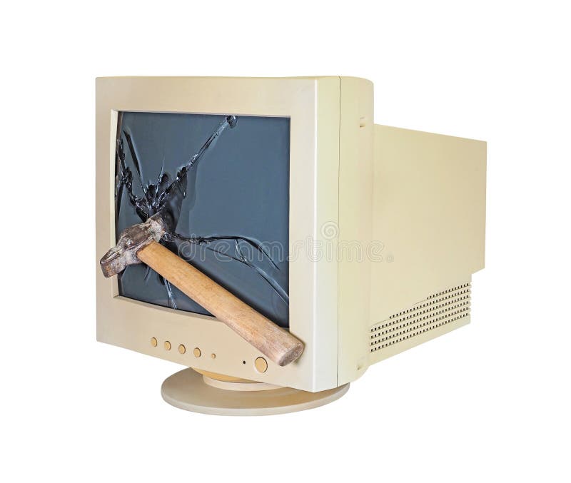 Duży młotek smartmłot rozbija stary telewizor. uszkodzony monitor obrazy stock