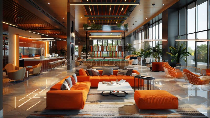 A large living room with a fireplace and a pool table. The room is decorated with orange furniture and has a modern feel AI generated. A large living room with a fireplace and a pool table. The room is decorated with orange furniture and has a modern feel AI generated