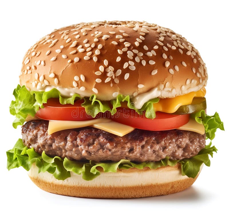 Duży, smaczny hamburger na białym tle posiłek koncepcja realistyczne zdjęcie ilustracja generacja ai ilustracja wektor