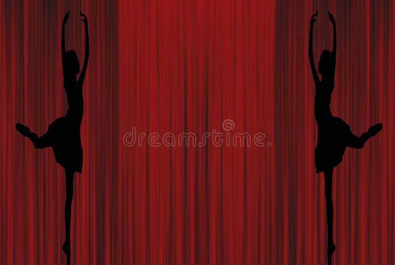 Dwa baleriny sylwetki młody baletniczy damy ` s taniec na pointe w postawy derriere na czerwonym zasłony tle ilustracji Dwa baleriny sylwetki młody baletniczy damy ` s taniec na pointe w postawy derriere na czerwonym zasłony tle ilustracji