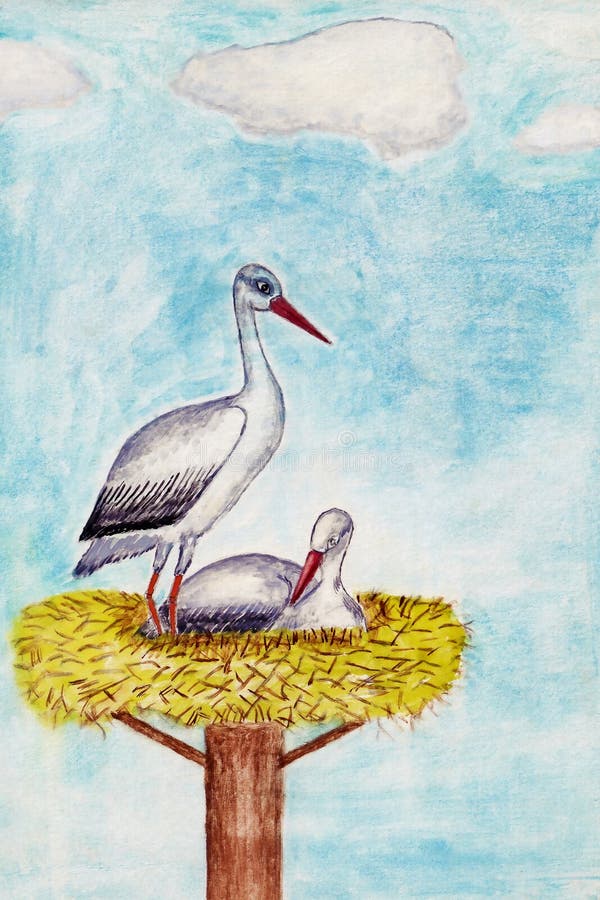 Dwa bociana w gniazdowej akwareli ilustracji ilustracja wektor Dwa bociana w gniazdowej akwareli ilustracji ilustracja wektor