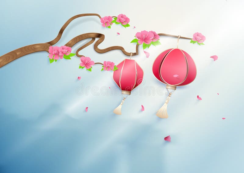 Dwa chińskiego lampionu wiesza na kwiecistej gałąź różowią peonie ilustracji