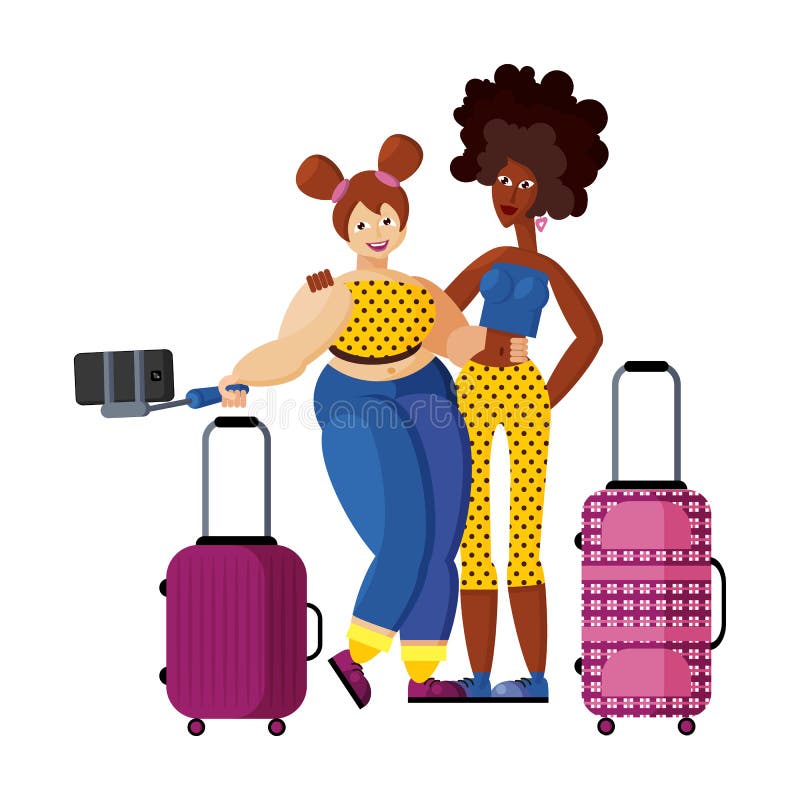 Dwa dziewczyn nikły afroamerykanin i buxom europejczyk robimy selfie w lotnisku ilustracja wektor Dwa dziewczyn nikły afroamerykanin i buxom europejczyk robimy selfie w lotnisku ilustracja wektor