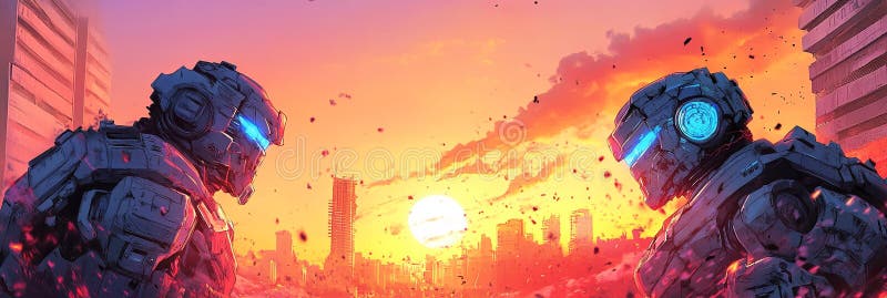 Dwa futurystyczne roboty stają twarzą w twarz w dramatycznym zachodzie słońca nad dystopicznym pejzażem miasta. fotografia royalty free