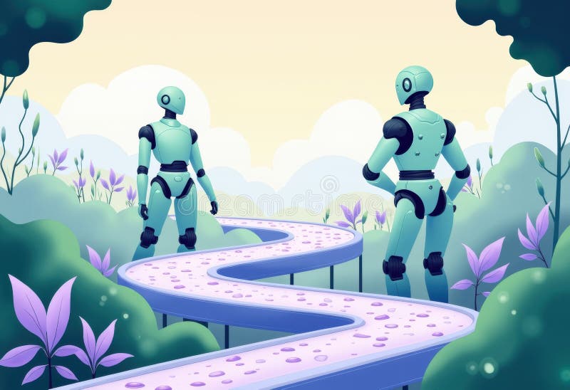 Dwa futurystyczne roboty stojące na ścieżce nawijającej przez żywy krajobraz zdjęcie royalty free