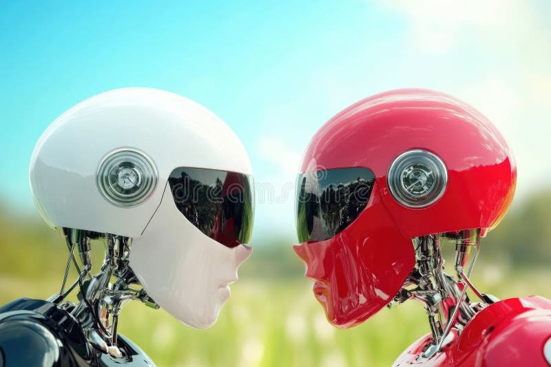 Dwa futurystyczne roboty stojące naprzeciw siebie na niebieskim tle zdjęcia stock