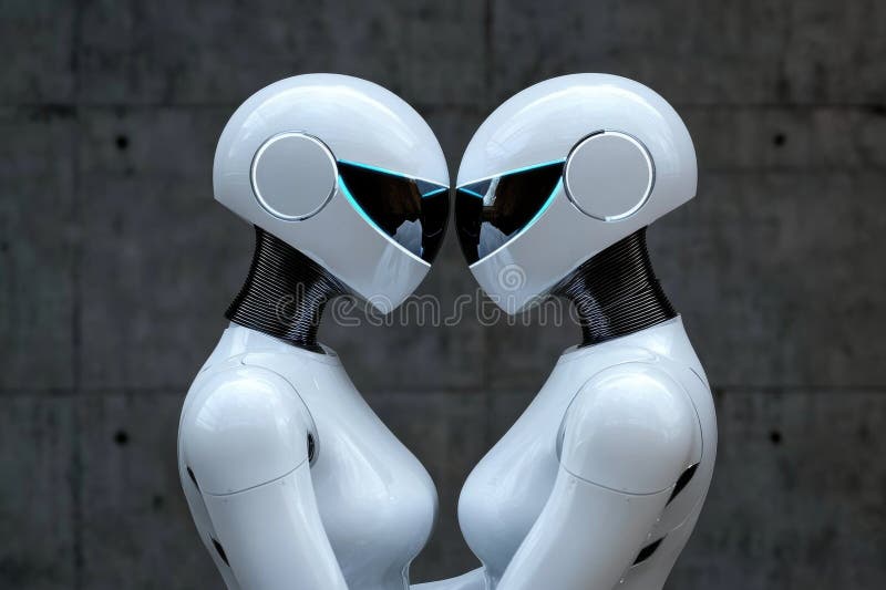 Dwa futurystyczne roboty stojące naprzeciw siebie z oświetlonymi hełmami zdjęcie royalty free