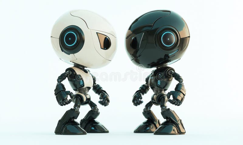 Dwa futurystyczne roboty stojące naprzeciw siebie ze eleganckimi wzorami i błyszczącymi funkcjami zdjęcia stock