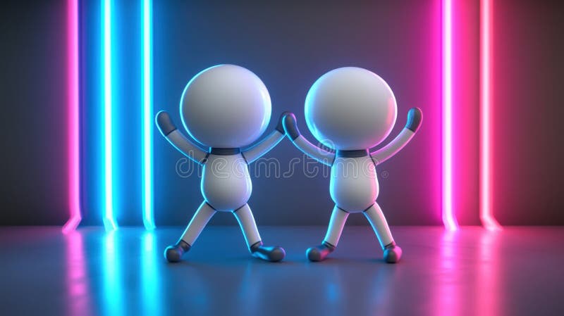 Dwa futurystyczne roboty świętujące w neonlit środowisko ai obraz royalty free