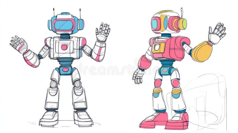 Dwa roboty rysunkowe machające szkicem hello royalty ilustracja