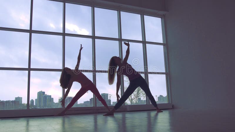 Dwa uroczej joga kobiety robi joga w studiu z wielkimi okno wpólnie