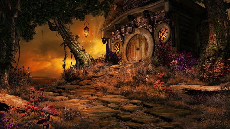 Dwarfs Cottage in the rays of a setting sun. Fairytale scenery with setting sun, small cottage and trees