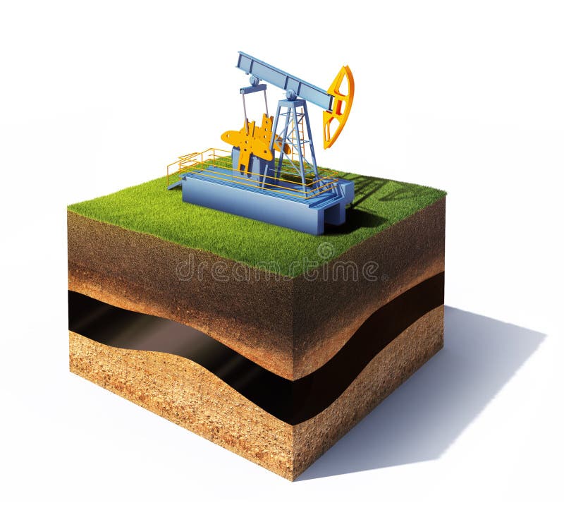 3d model of cross section of ground with grass and oil pump jack isolated on white. 3d model of cross section of ground with grass and oil pump jack isolated on white