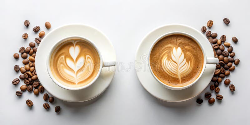 Dwie filiżanki aromatycznej kawy latte z paloną fasolą. Generacyjna AI ilustracji
