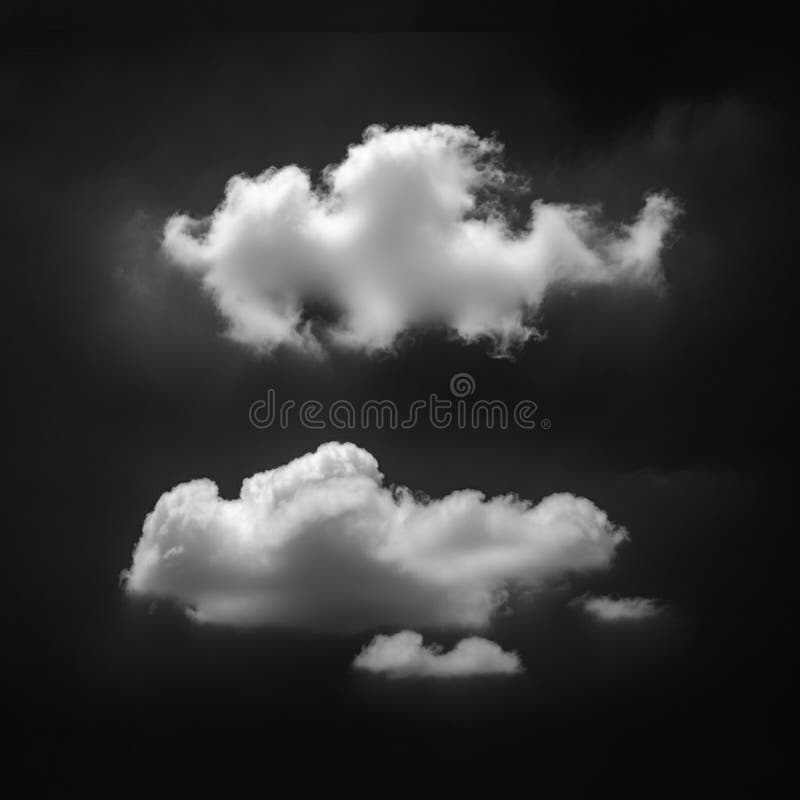 Dwie fluffy białe chmury płyną na ciemnym monochromatycznym tle tworząc ilustracja wektor