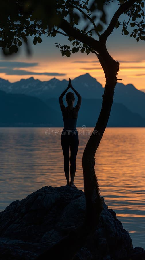 dwindling light sunset woman s silhouette gracefully balances yoga pose bending tree overlooking still waters 312492441