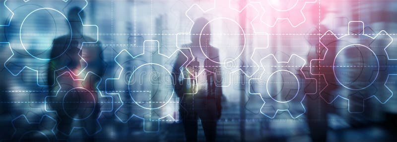 Dwoistego ujawnienia przekładni mechanizm na zamazanym tle Biznesowy i przemysłowy proces automatyzaci pojęcie ilustracja wektor Dwoistego ujawnienia przekładni mechanizm na zamazanym tle Biznesowy i przemysłowy proces automatyzaci pojęcie ilustracja wektor