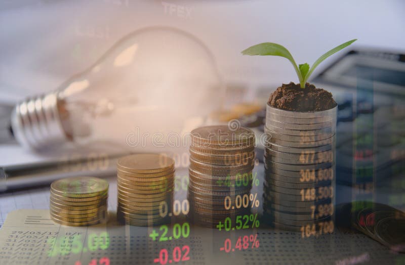 Dwoistego ujawnienia zapasu pieniężni wskaźniki z sterty monetą obraz stock Dwoistego ujawnienia zapasu pieniężni wskaźniki z sterty monetą obraz stock