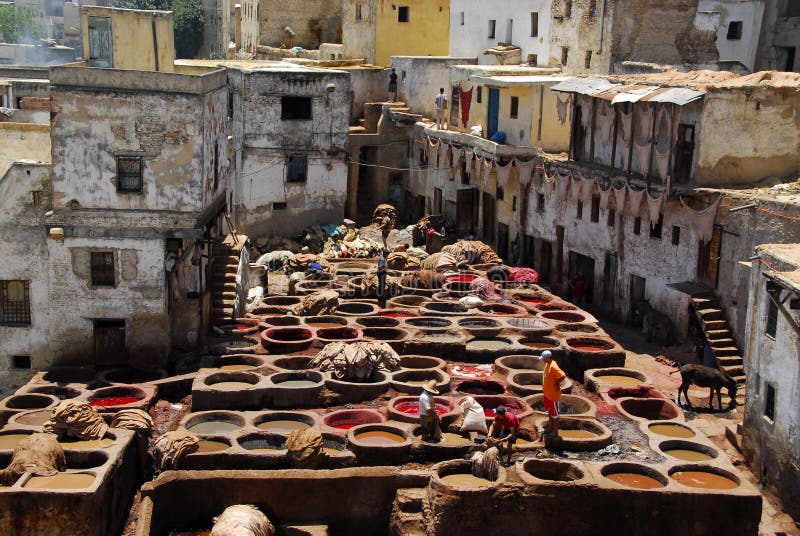 I lavoratori della concia e tintura (pittura della pelle) in rosso si nasconde nei tini di concerie di Fes, in Marocco, la Pelle assorbe in Fez.