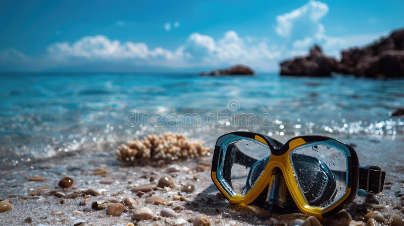 A pair of scuba diving goggles lay on the sandy beach, with azure waters and blue skies creating a picturesque natural landscape. Vision care eyewear for underwater adventures AIG50 AI generated. A pair of scuba diving goggles lay on the sandy beach, with azure waters and blue skies creating a picturesque natural landscape. Vision care eyewear for underwater adventures AIG50 AI generated