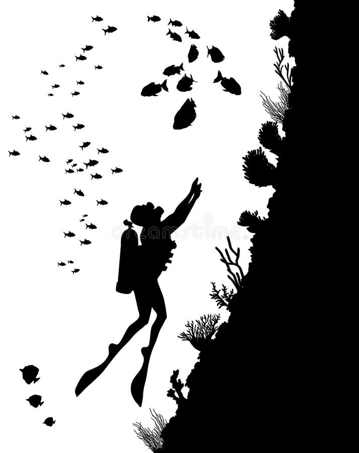 Dykningkonturer och undervattens- liv stock illustrationer Dykningkonturer och undervattens- liv stock illustrationer