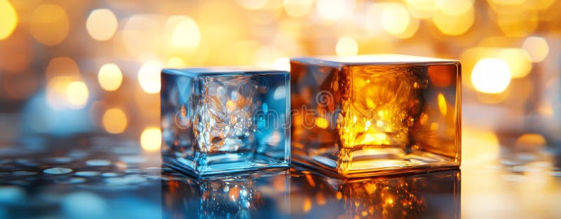 A dynamic, abstract array of transparent cubes, illuminated by diverse shades, forming an enchanting mix of light and stock photography