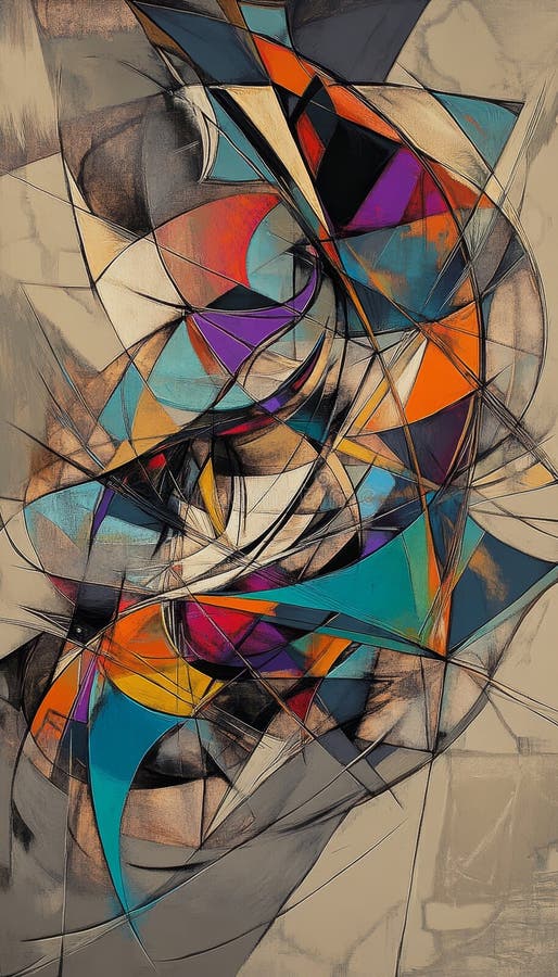 Dynamic abstract artwork featuring bold colors and intricate geometric shapes with movement stock illustration