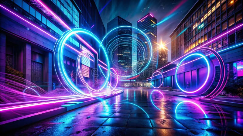 Dynamic Abstract Background Immersive Purple and Blue Neon Rings Frequency Waves and Light Rays for Virtual Space and stock illustration