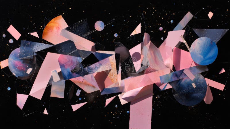 Dynamic abstract composition of pink and blue shapes with planets and stars against black space royalty free illustration